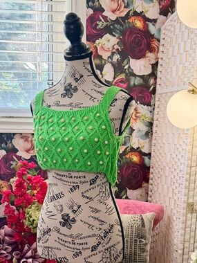 Zara Neon Green Crochet Pearl-Embellished Cropped Tank ♥️🛍️